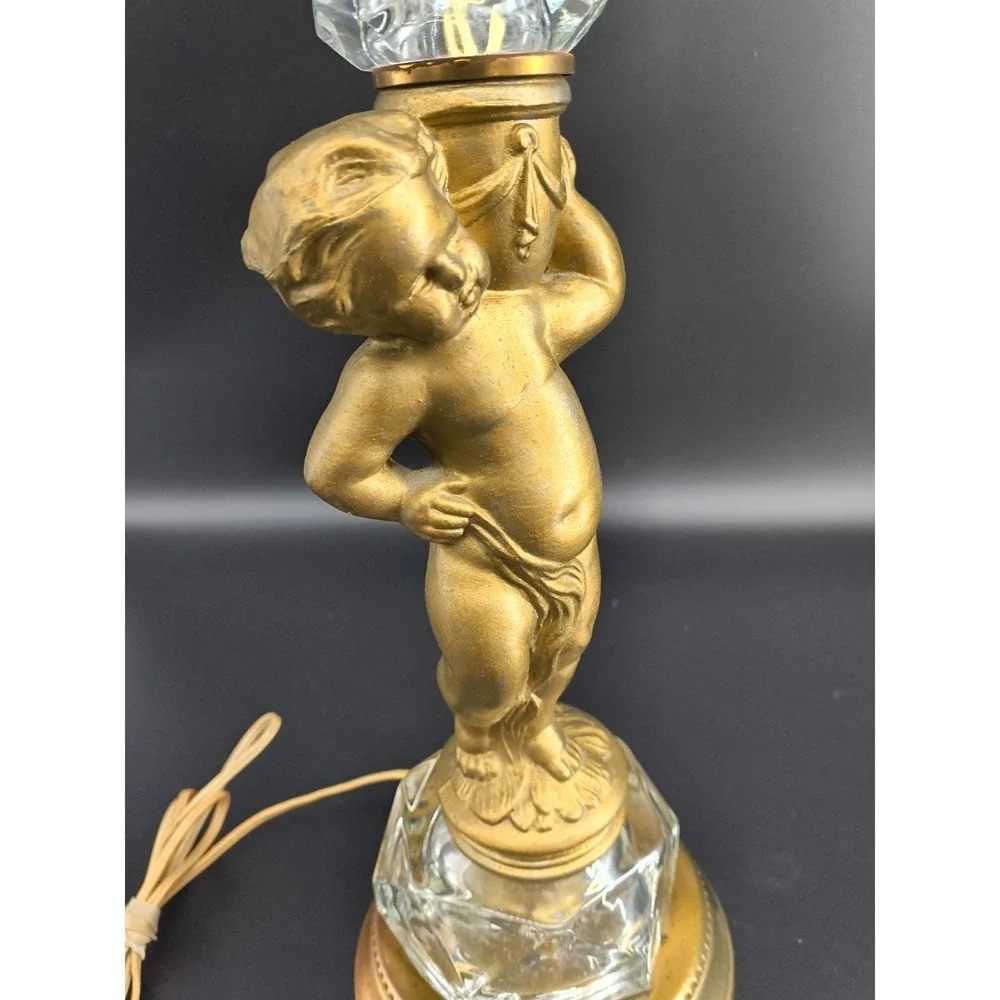 Vintage 1950s Hollywood Regency Cherub Boudoir Lamp Glass Crystal Gilt Mixed...